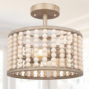 Farmhouse Boho Light Fixture, 2-Light Bohemian Wood Beaded Semi Flush Mount Oak